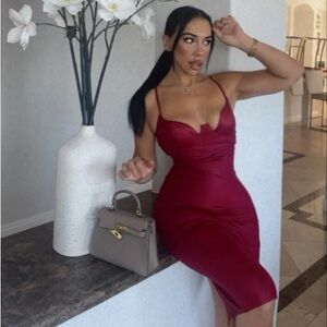 Elegant Red Faux leather midi Dress